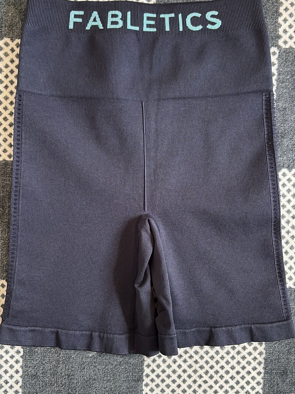 Fabletics Navy Seamless High-Waist Bike Shorts with Teal Logo
